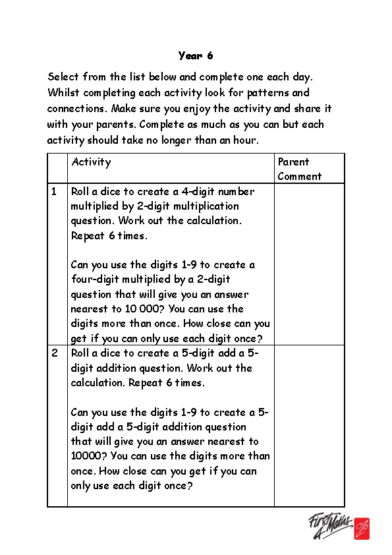 Year 6 Creative At Home Resources from First4Maths