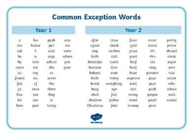 Common Exception Words Year 1/2