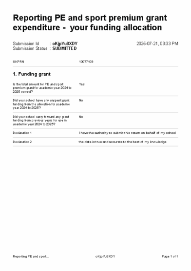 Reporting PE and sport premium grant expenditure – your funding allocation