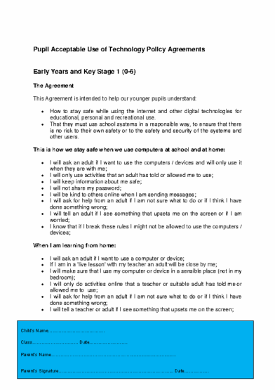 Pupil Acceptable Use of Technologies Policy Agreements